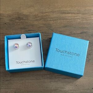 New Touchstone Crystal Aurora Boreale Iridescent Bezel Set Stud Earrings.